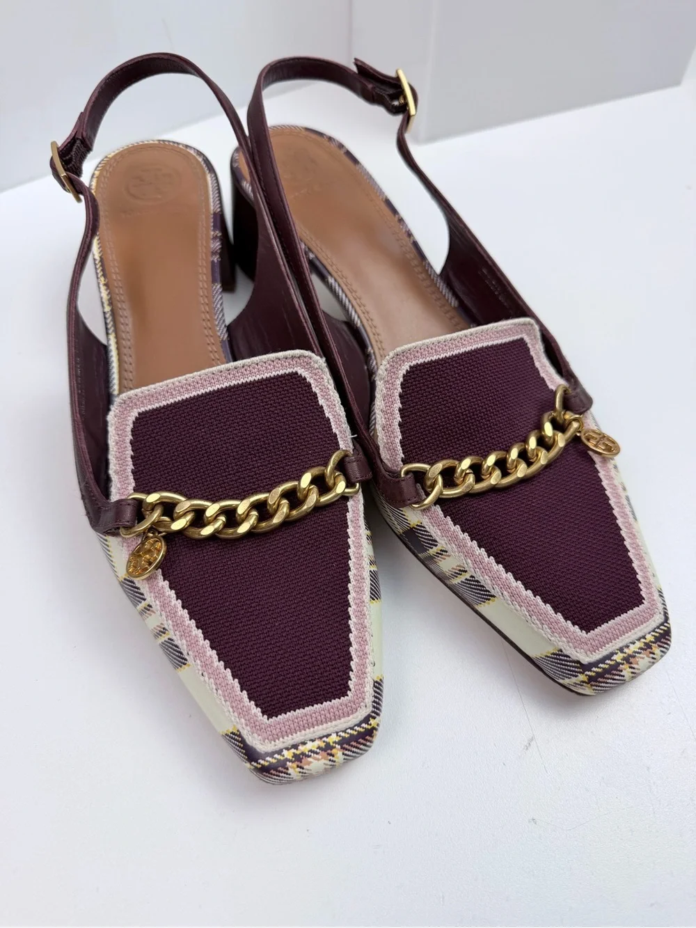 Tory Burch Mini Benton Charm Slingback Loafers Size 10.5 Plaid Burgundy